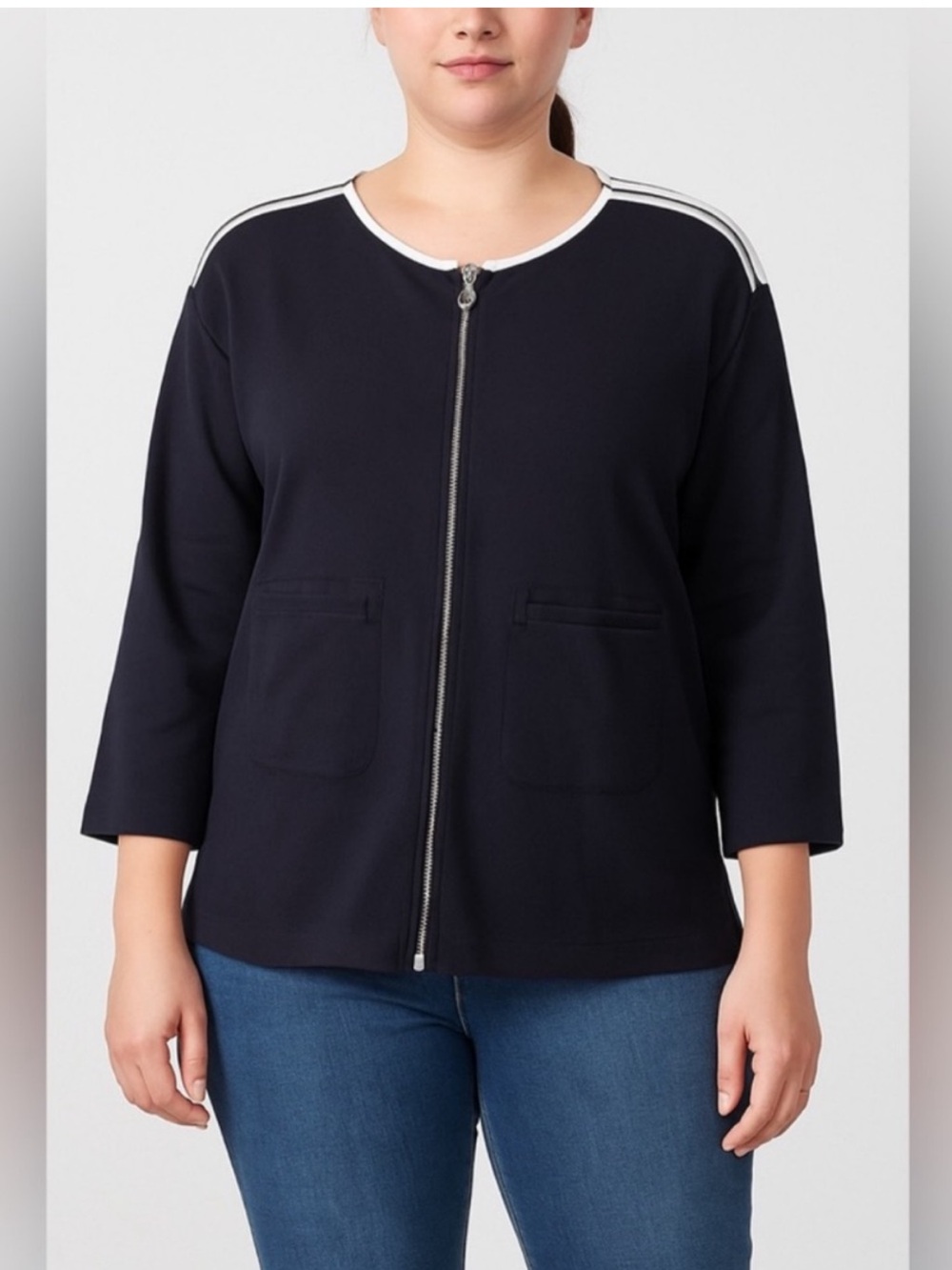 Joan Vass black white trim cardigan jacket zip up three quarter sleeves